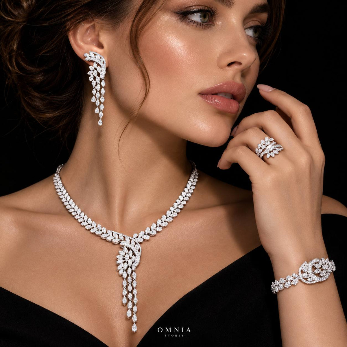 Kylie White Luxury Bridal Full Set | 925 Sterling Silver with High-Quality Simulated Diamonds on model