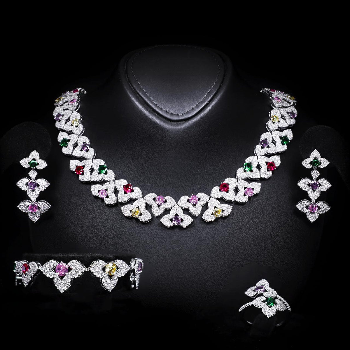 Leanna Multicolor Luxury Bridal Full Set with High-Quality Zircon Stones Rhodium-Plated Finish