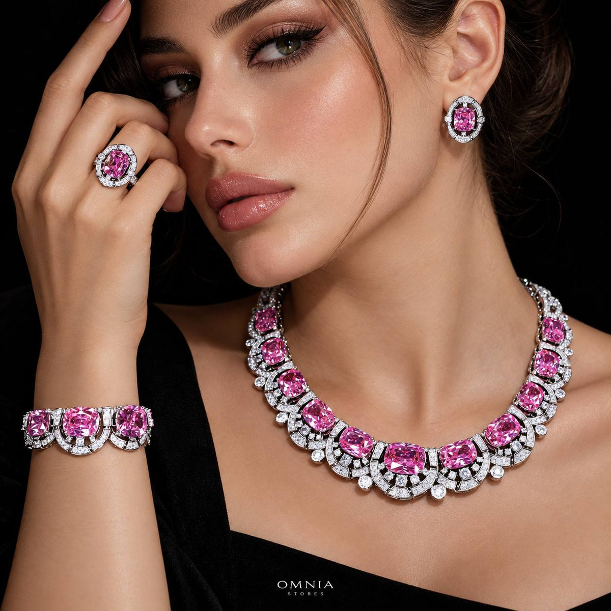 Liah Pink Luxury Bridal Full Set with High-Quality Zircon Stones Premium Rhodium Plating on model