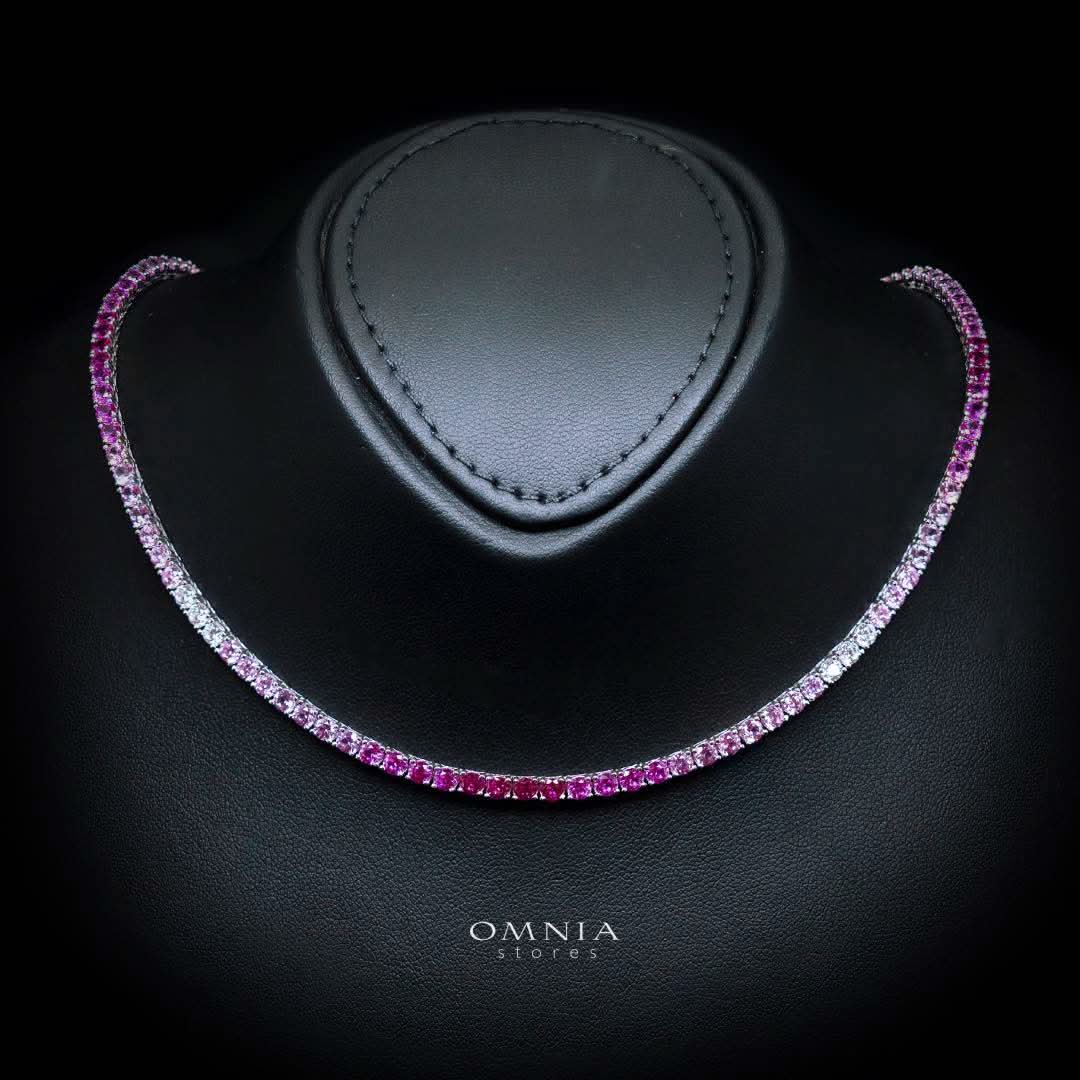 Omnia Saleen Pink 3mm Tennis Necklace 42cm in 925 Silver High Quality Simulated diamonds
