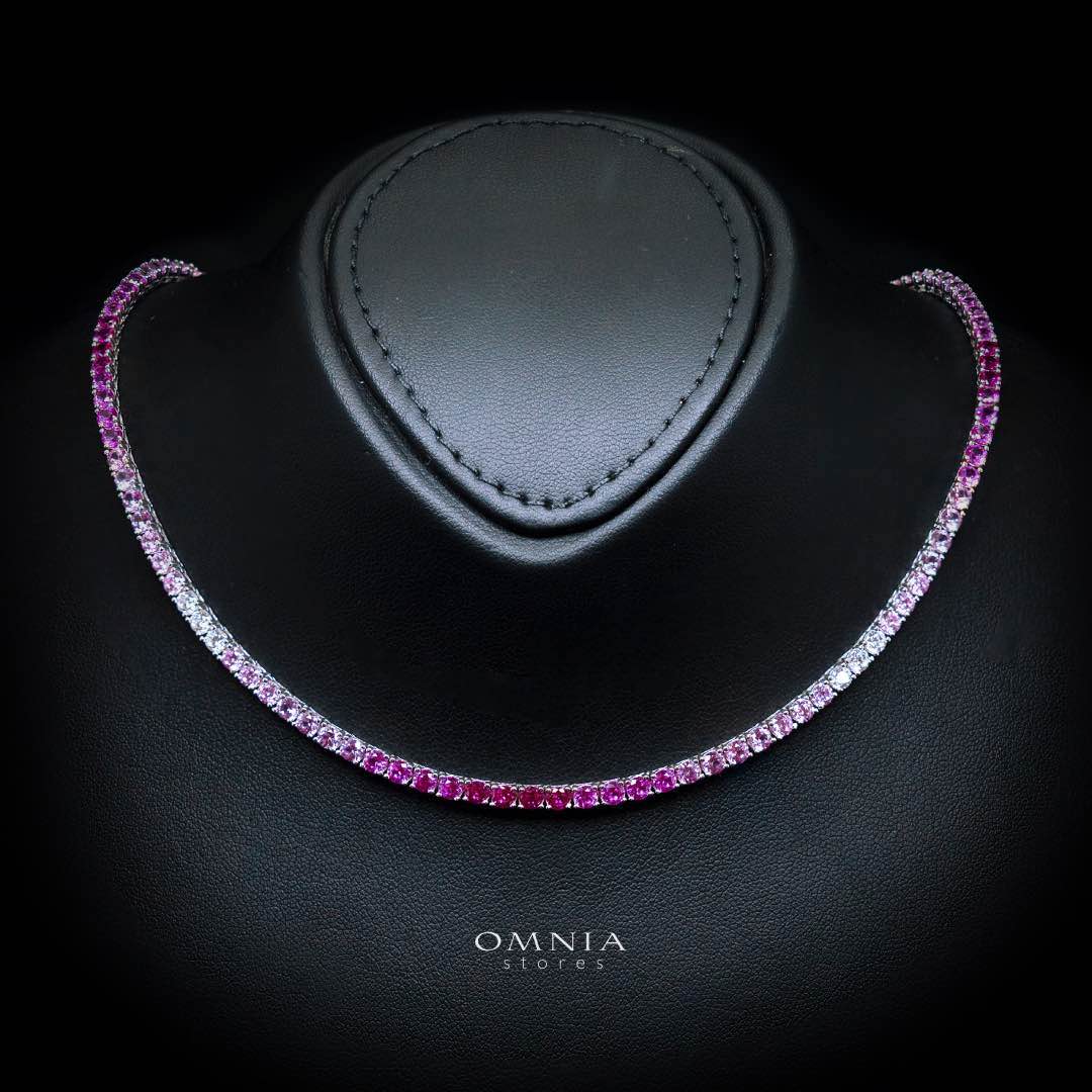Omnia Saleen Pink 3mm Tennis Necklace 42cm in 925 Silver High Quality Simulated diamonds - OMNIASTORES UAE