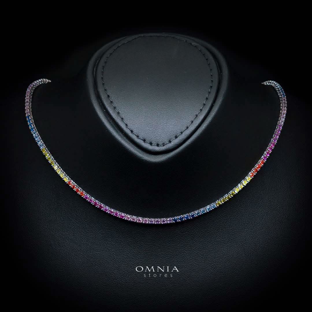 Omnia Saleen Multi-Colored Tennis Necklace 2.5mm in 92.5 Silver with High-Quality Simulated Diamonds