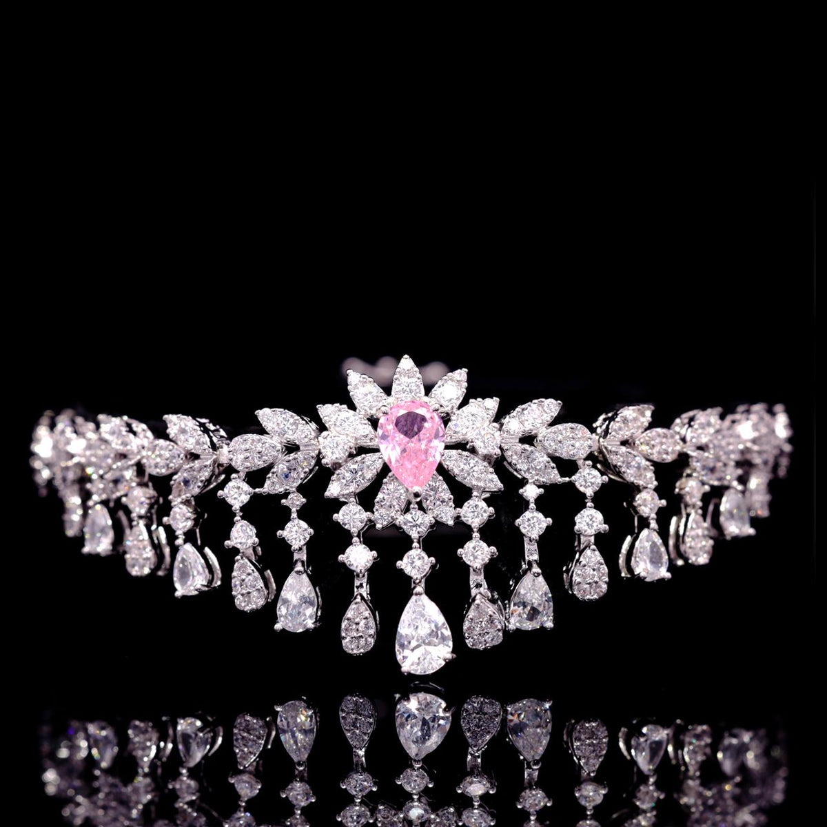 Myra Pink Luxury Bridal Bracelet with High-Quality Zircon Stones Rhodium-Plated Finish