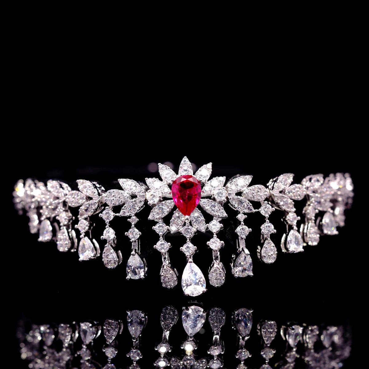 Myra Red Luxury Bridal Bracelet with High-Quality Zircon Stones Rhodium-Plated Finish