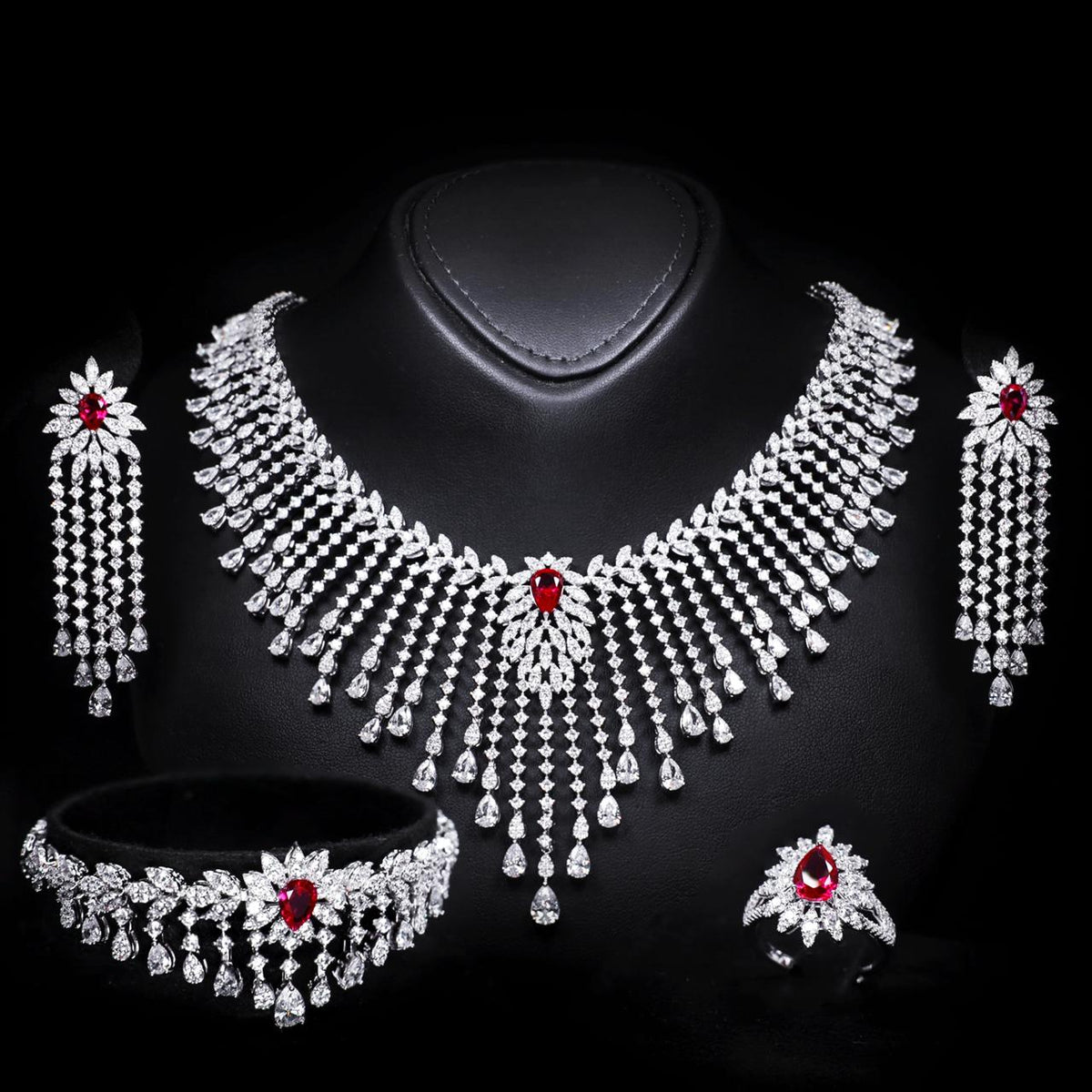 Myra Red Luxury Bridal Full Set with High-Quality Zircon Stones Rhodium-Plated Finish