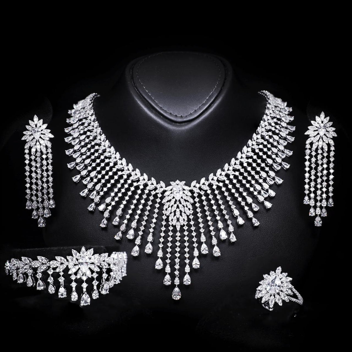 Myra White Luxury Bridal Full Set with High-Quality Zircon Stones Rhodium-Plated Finish