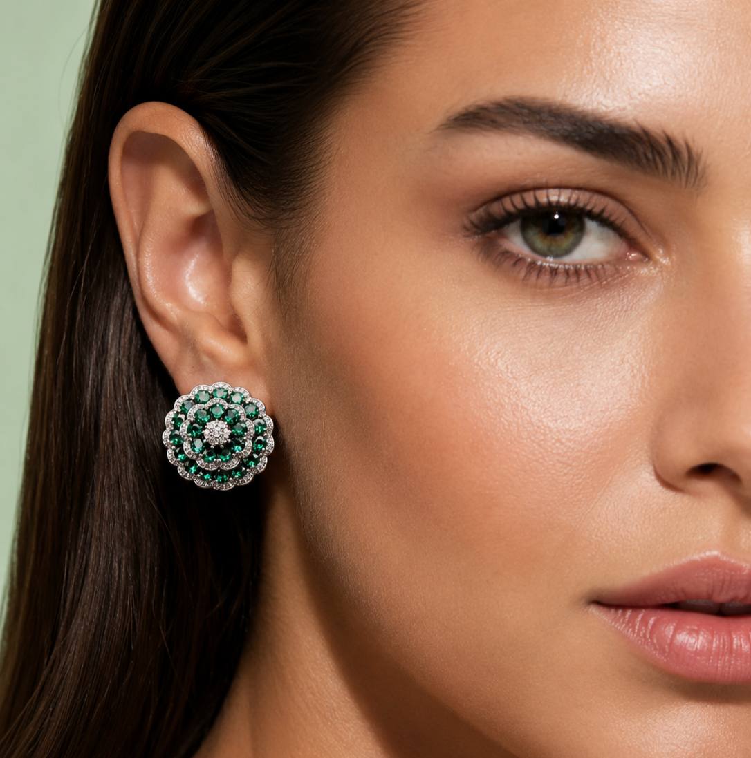 Omnia Nayeli Floral Halo Earrings with Emerald Green Simulated Diamonds in 925 Silver