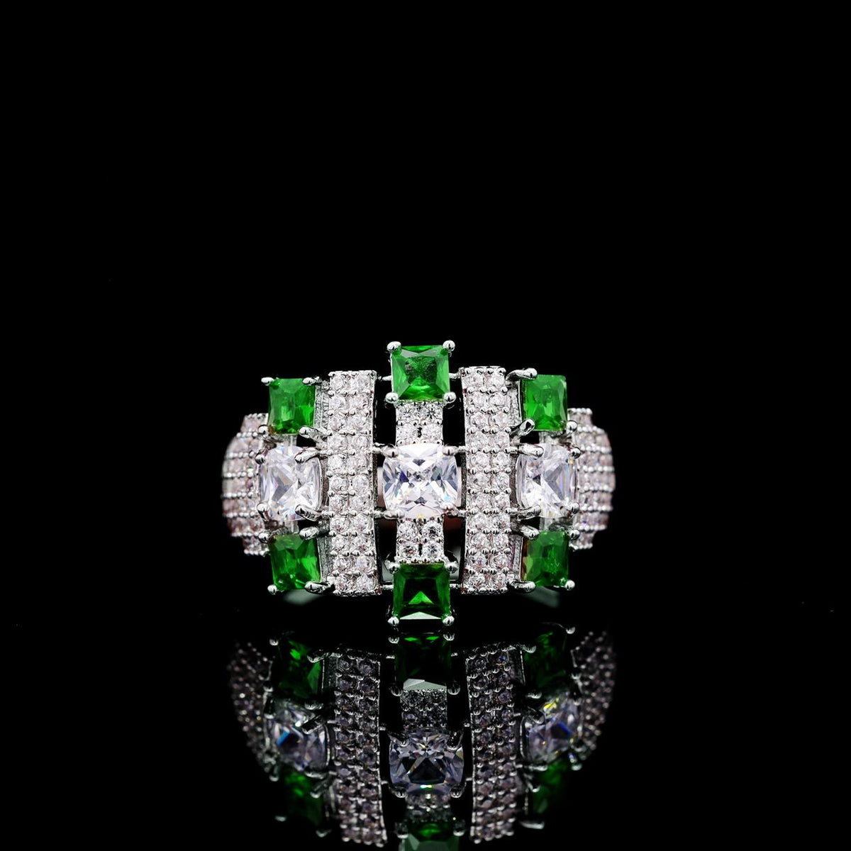 Olivia Green Luxury Bridal Ring with High-Quality Zircon Stones, Rhodium-Plated
