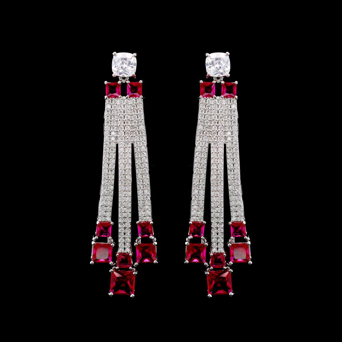 Olivia Red Luxury Bridal Earring with High-Quality Zircon Stones, Rhodium-Plated