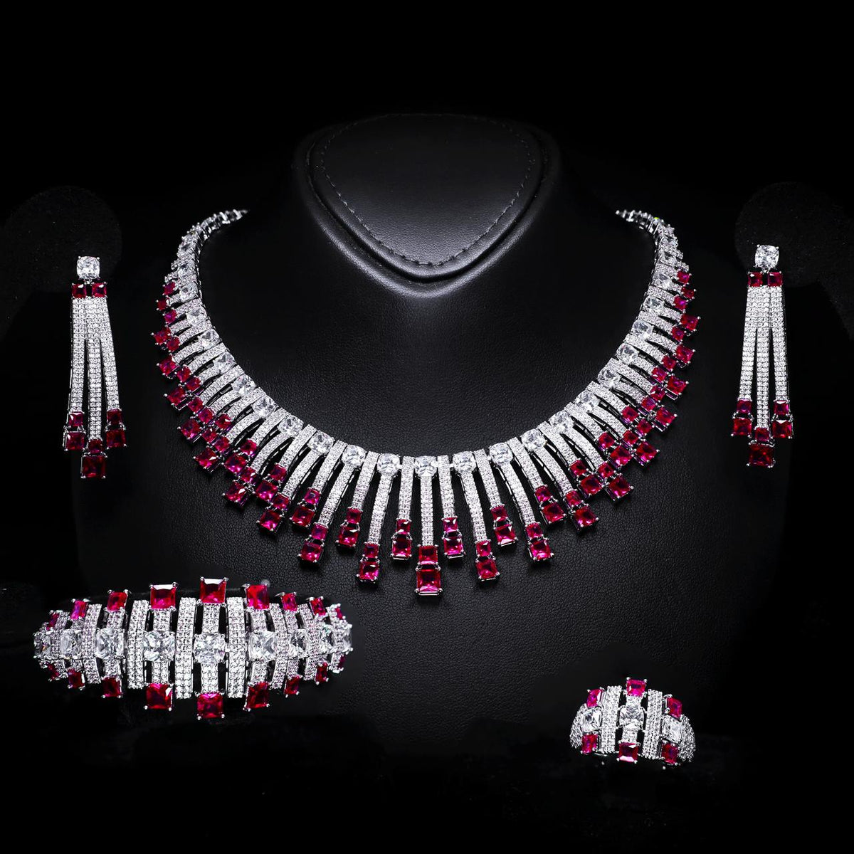 Olivia Red Luxury Bridal Full Set with High-Quality Zircon Stones, Rhodium-Plated