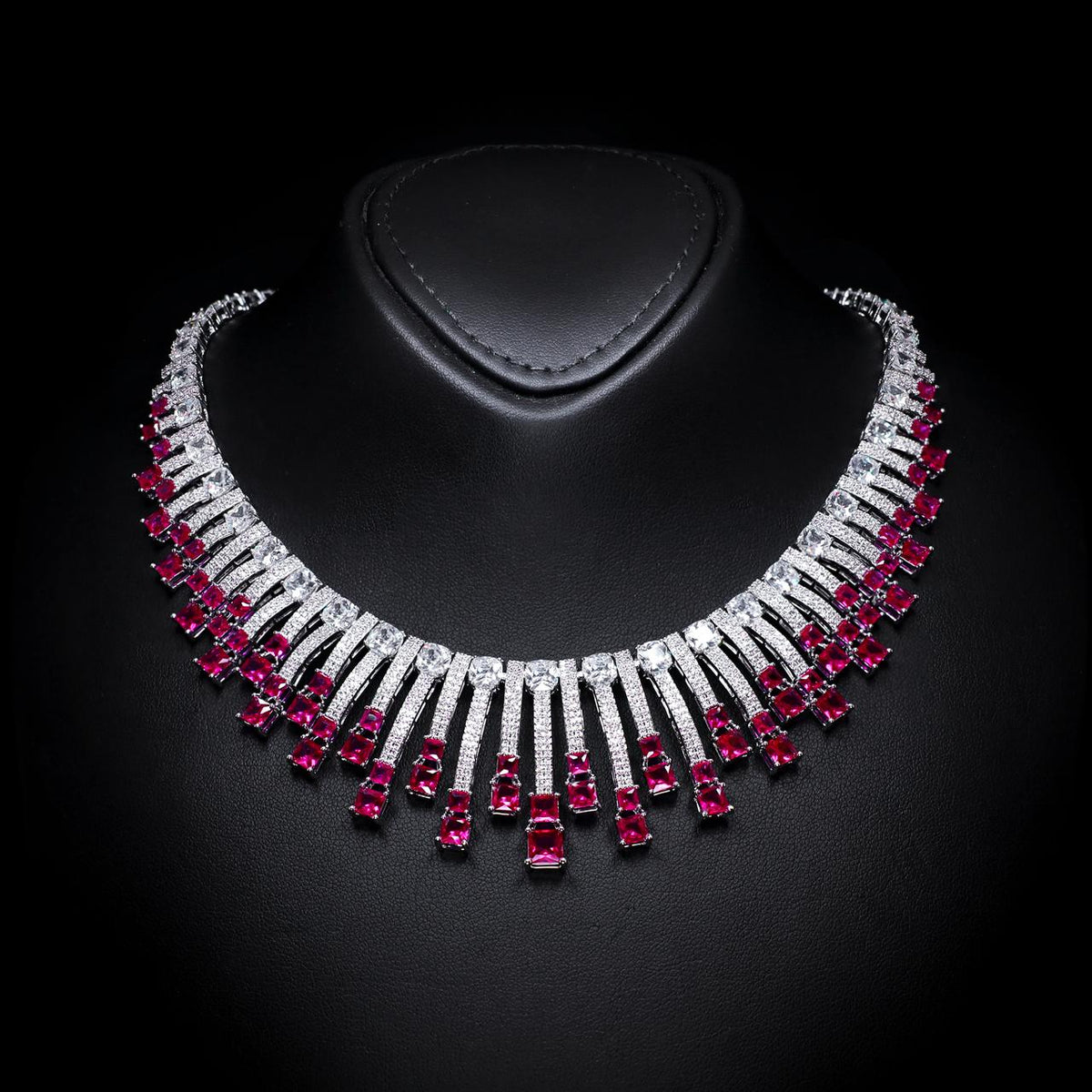 Olivia Red Luxury Bridal Necklace with High-Quality Zircon Stones, Rhodium-Plated