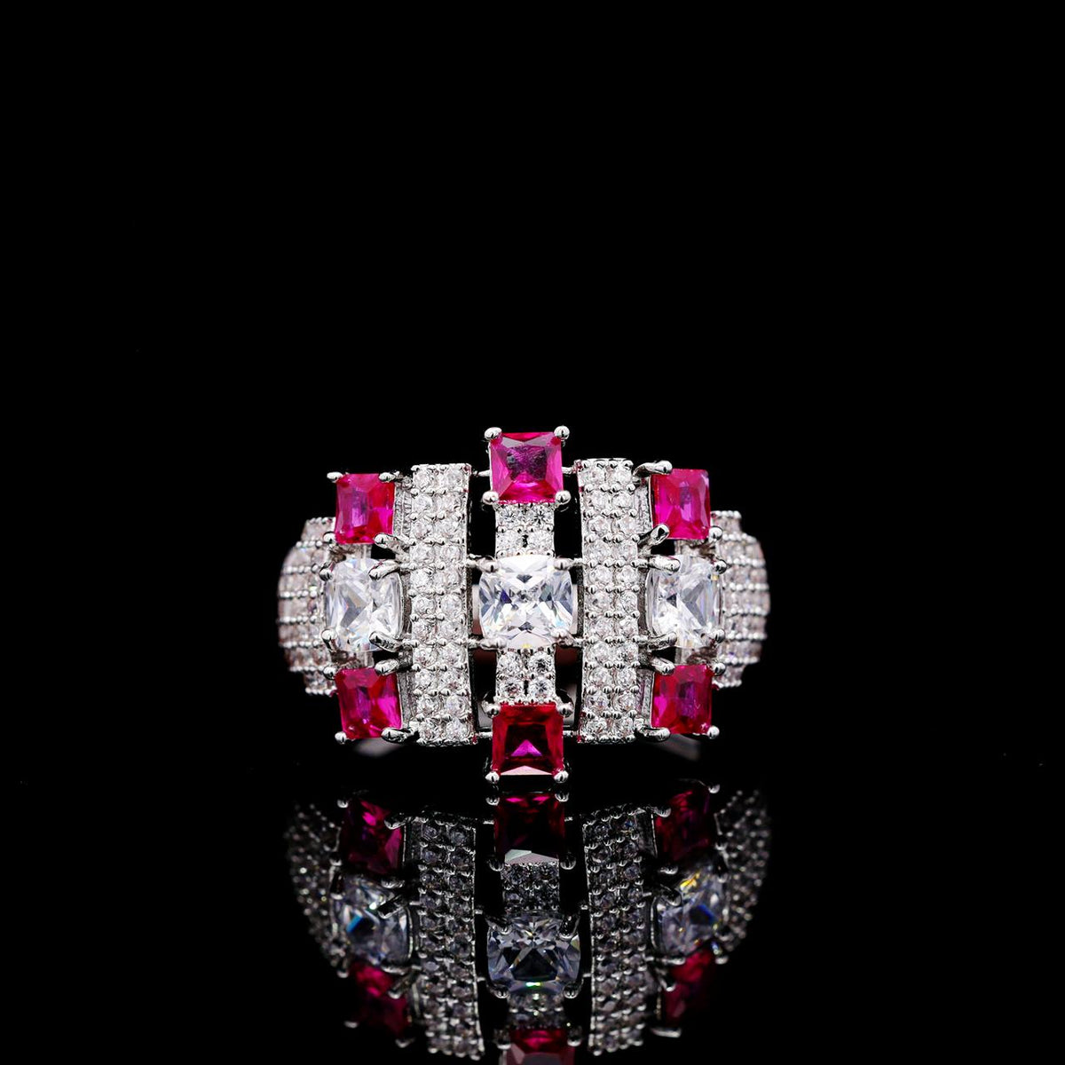 Olivia Red Luxury Bridal Ring with High-Quality Zircon Stones, Rhodium-Plated