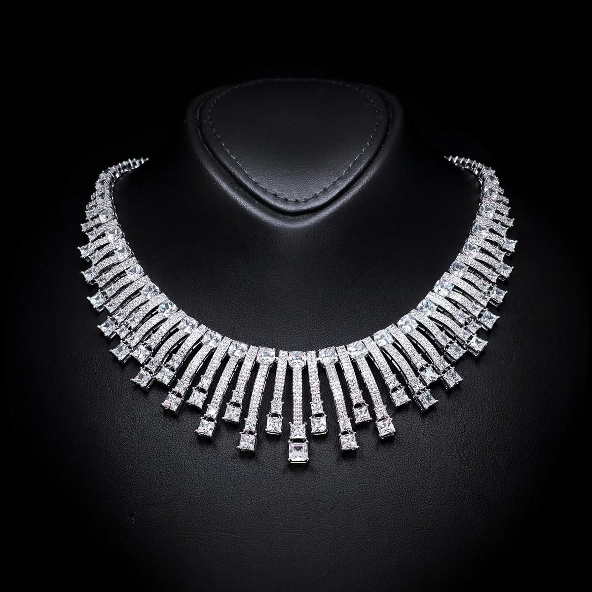 Olivia White Luxury Bridal Necklace with High-Quality Zircon Stones, Rhodium-Plated