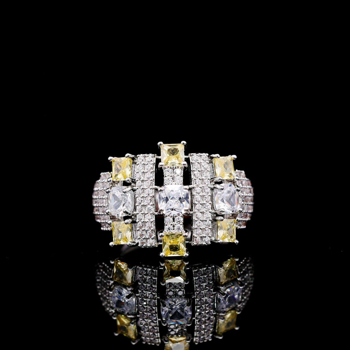 Olivia Yellow Luxury Bridal Ring with High-Quality Zircon Stones, Rhodium-Plated