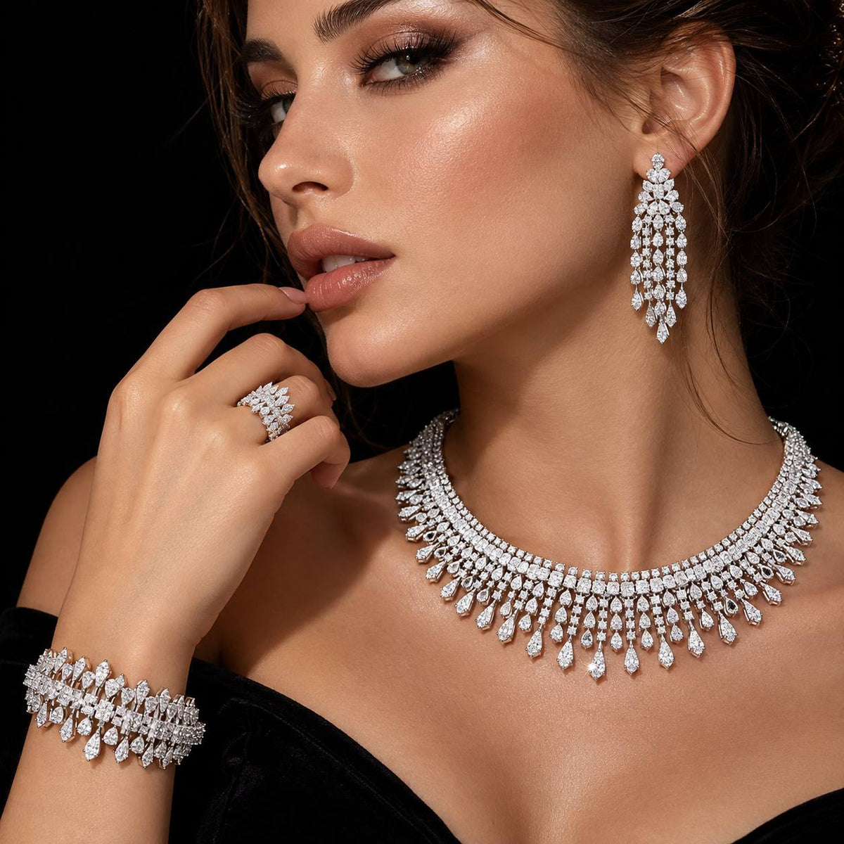 Omnia Ahlina White Bridal Full Set in High Quality Zircon Stone Premium Rhodium Plated on model