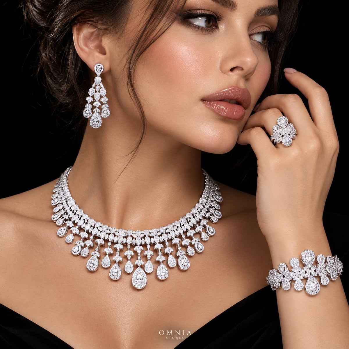 Riana White Luxury Bridal Full Set | 925 Sterling Silver with High-Quality Simulated Diamonds on model