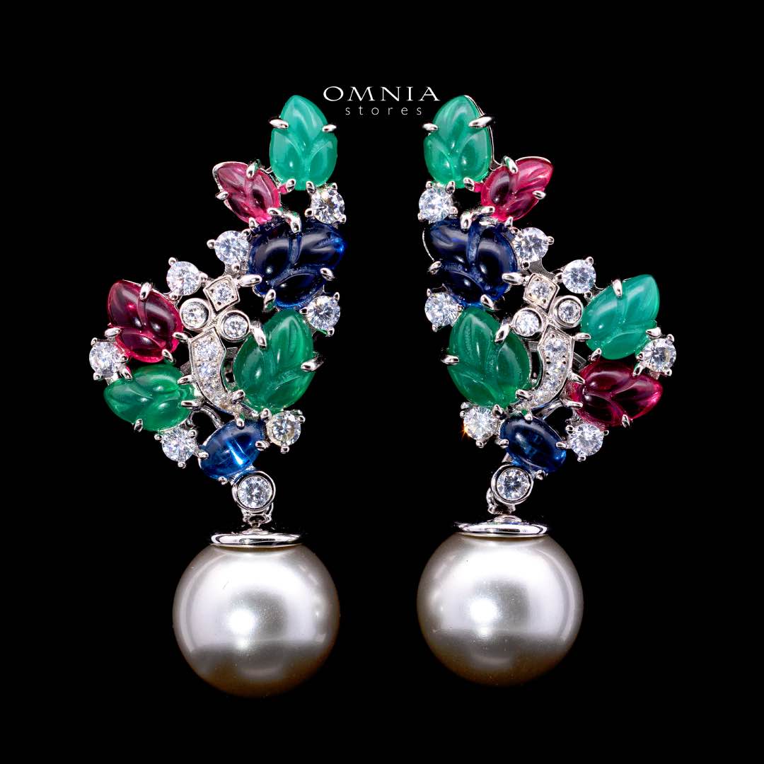 Omnia Leila Multicolor Floral Design Double Pearl Drop Earrings in 925 Silver with High-Quality Simulated Diamonds