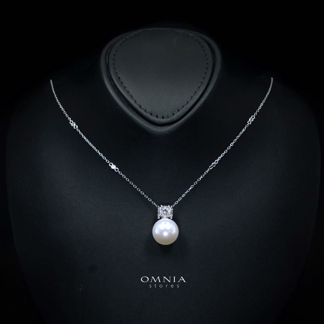 Omnia Belle White Pearl Necklace In 925 Silver High Quality Simulated Diamonds