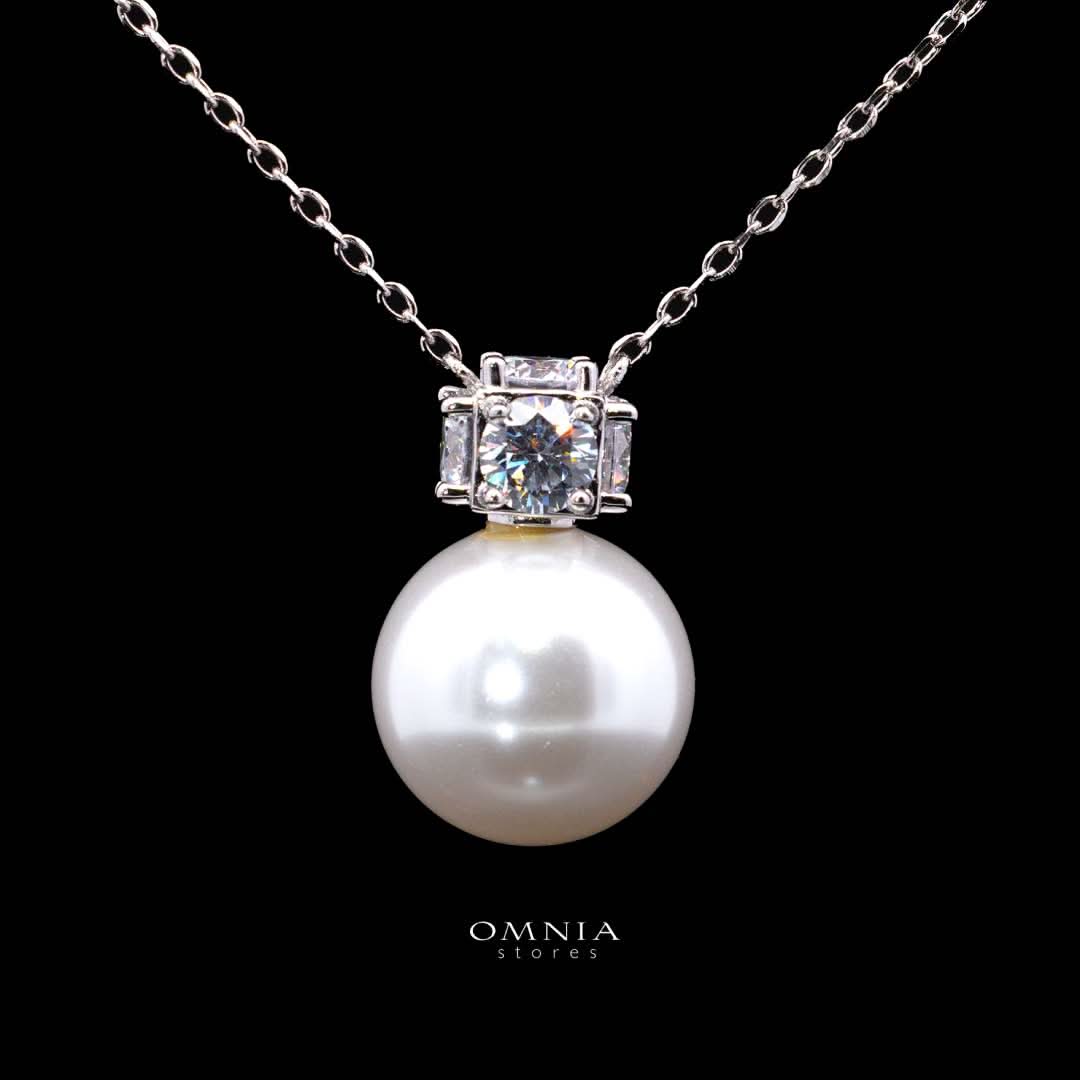 Omnia Belle White Pearl Necklace In 925 Silver High Quality Simulated Diamonds