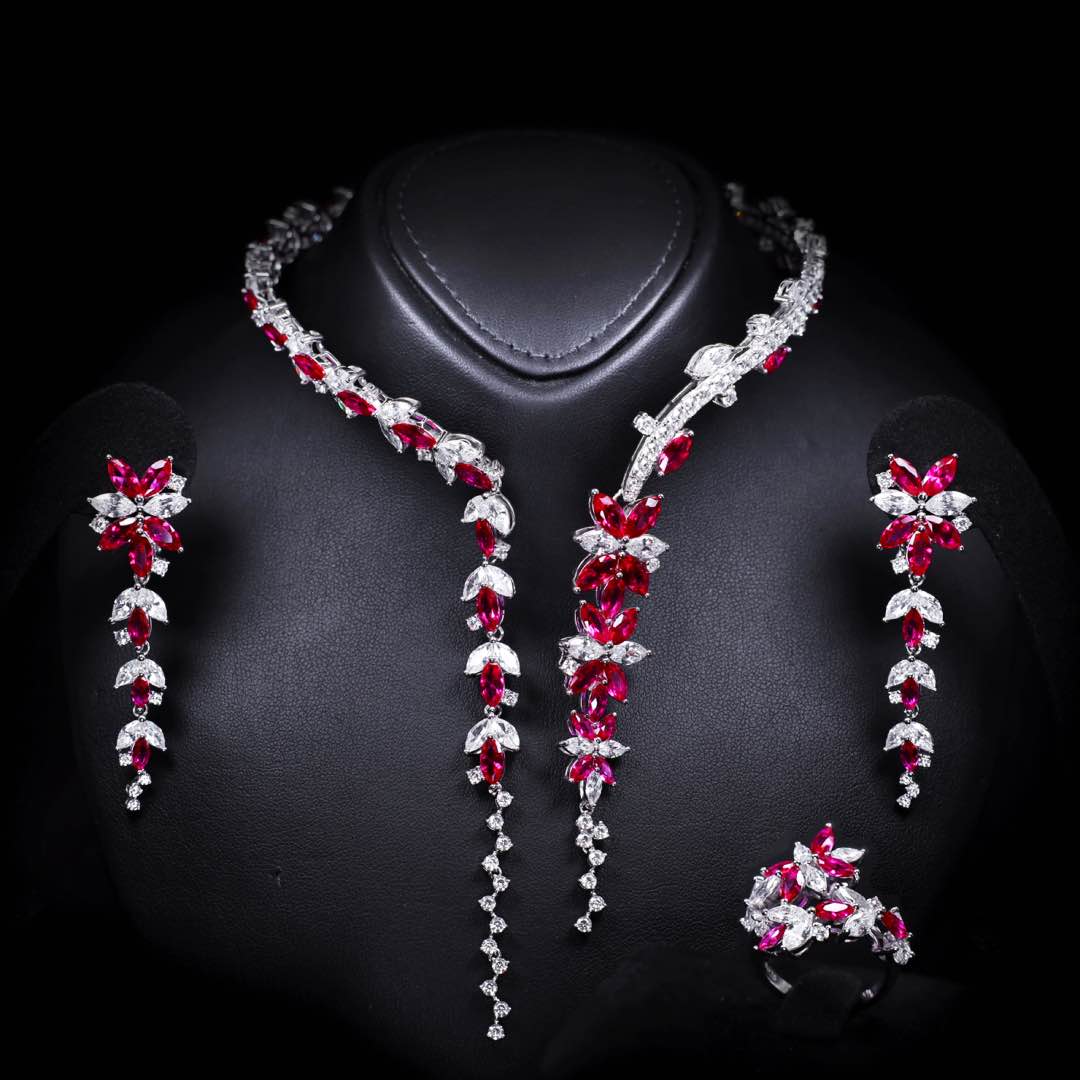 Omnia Abla Maroon Bridal Set in 925 Silver with Marquise and Pear-Cut High-Quality Simulated Diamonds - OMNIASTORES UAE