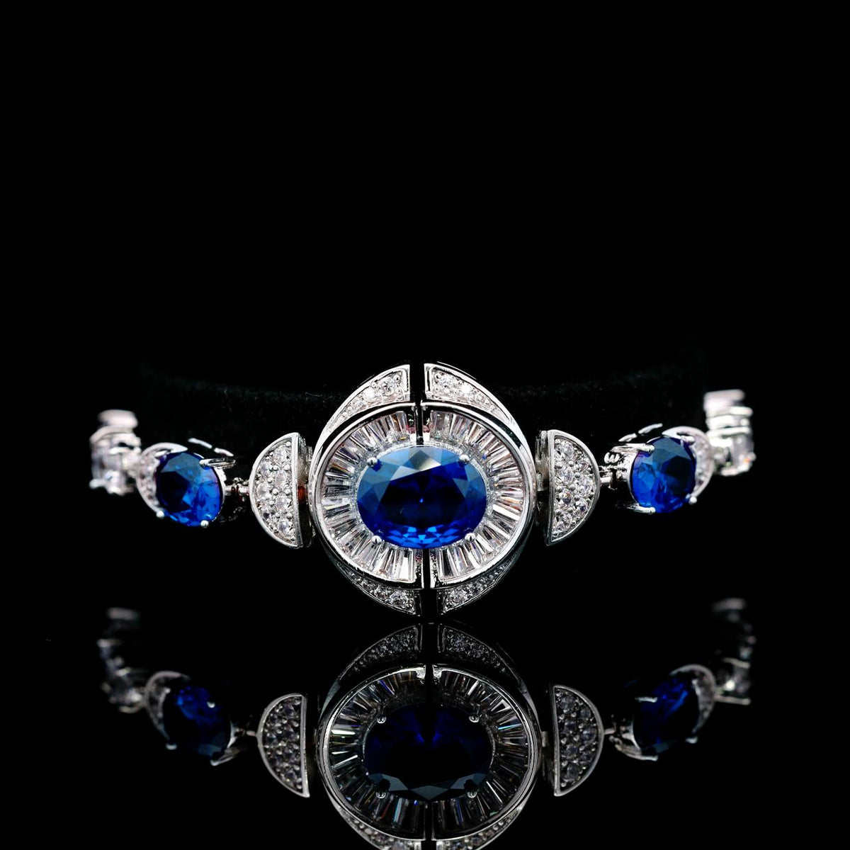 Shahina Blue Luxury Bridal Bracelet with High-Quality Zircon Stones, Rhodium-Plated