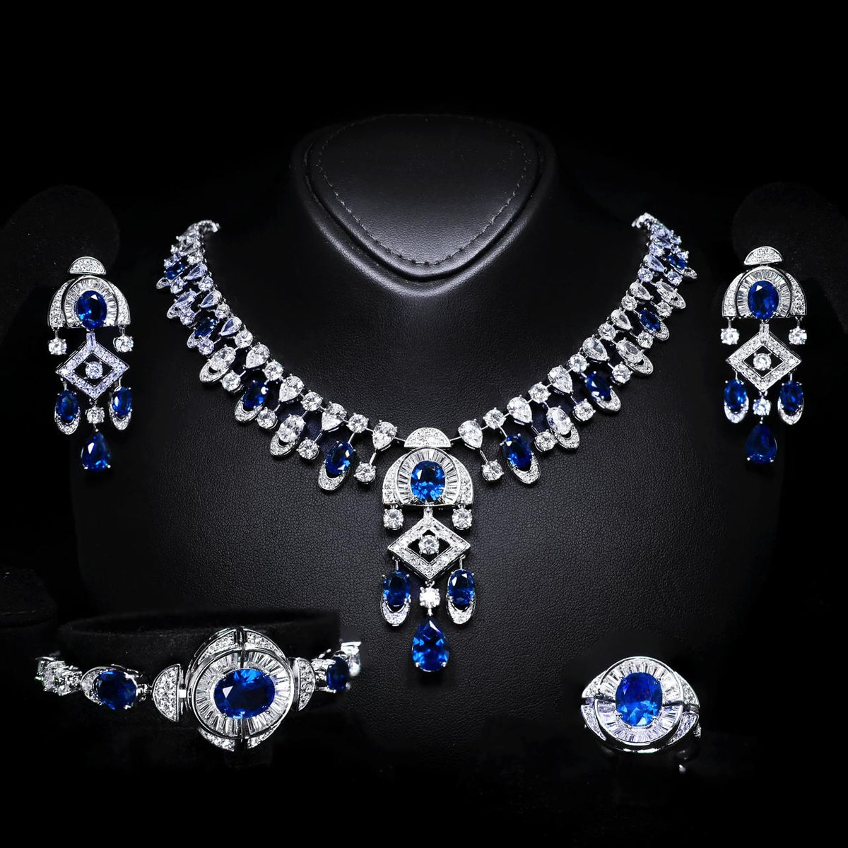 Shahina Blue Luxury Bridal Full Set with High-Quality Zircon Stones, Rhodium-Plated