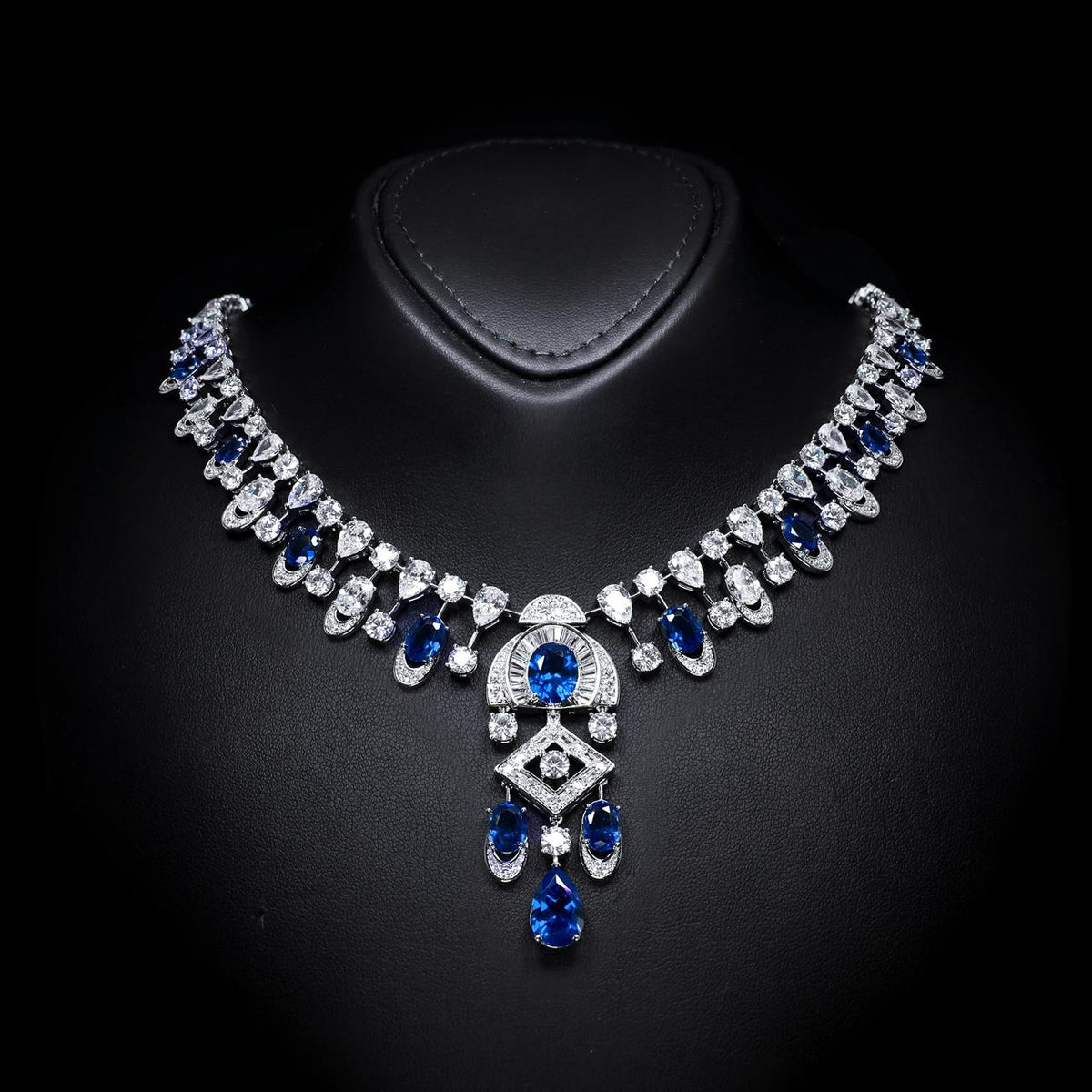 Shahina Blue Luxury Bridal Necklace with High-Quality Zircon Stones, Rhodium-Plated