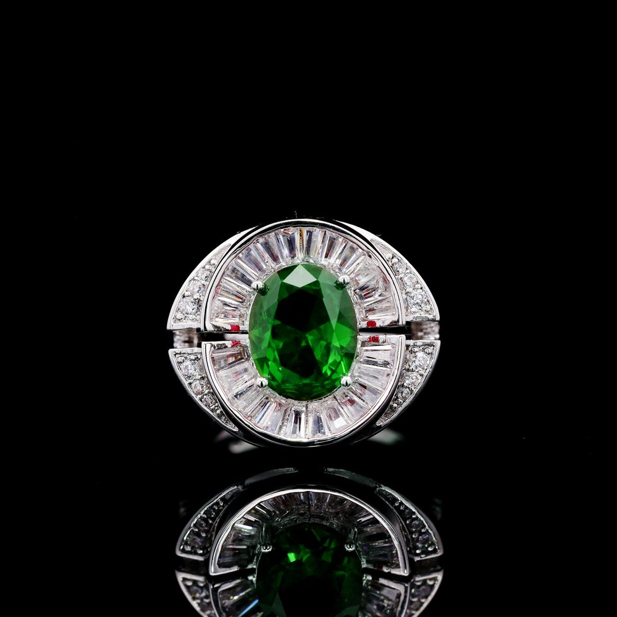 Shahina Green Luxury Bridal Ring with High-Quality Zircon Stones, Rhodium-Plated