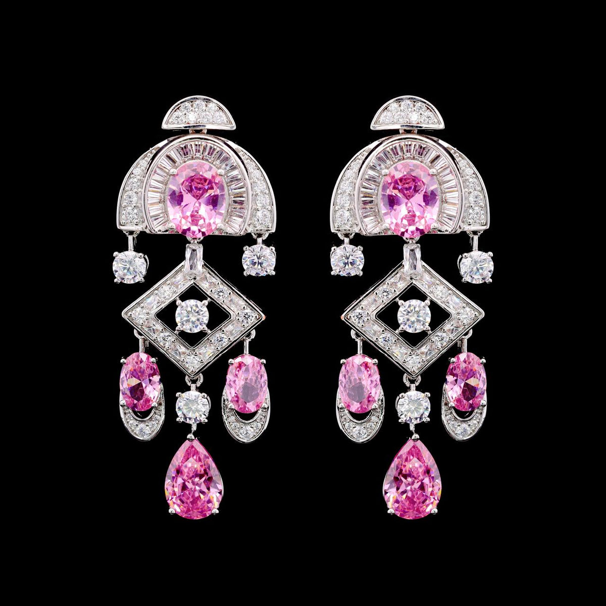 Shahina Pink Luxury Bridal Earring with High-Quality Zircon Stones, Rhodium-Plated