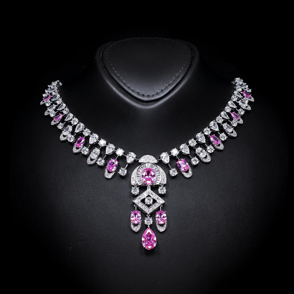 Shahina Pink Luxury Bridal Necklace with High-Quality Zircon Stones, Rhodium-Plated