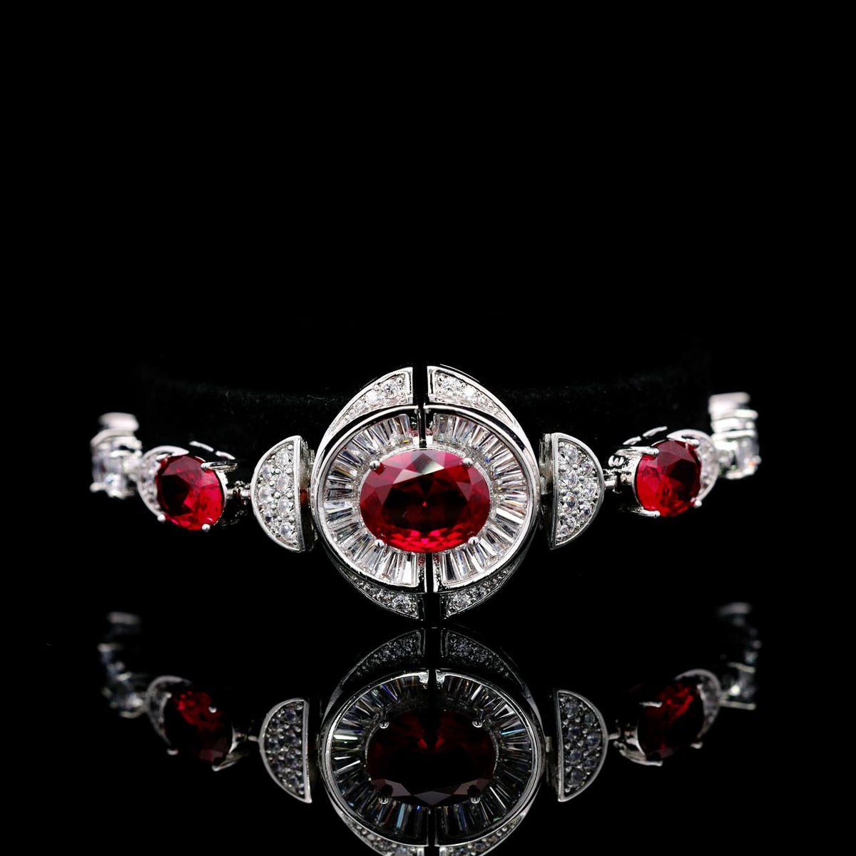 Shahina Ruby Red Luxury Bridal Bracelet with High-Quality Zircon Stones, Rhodium-Plated