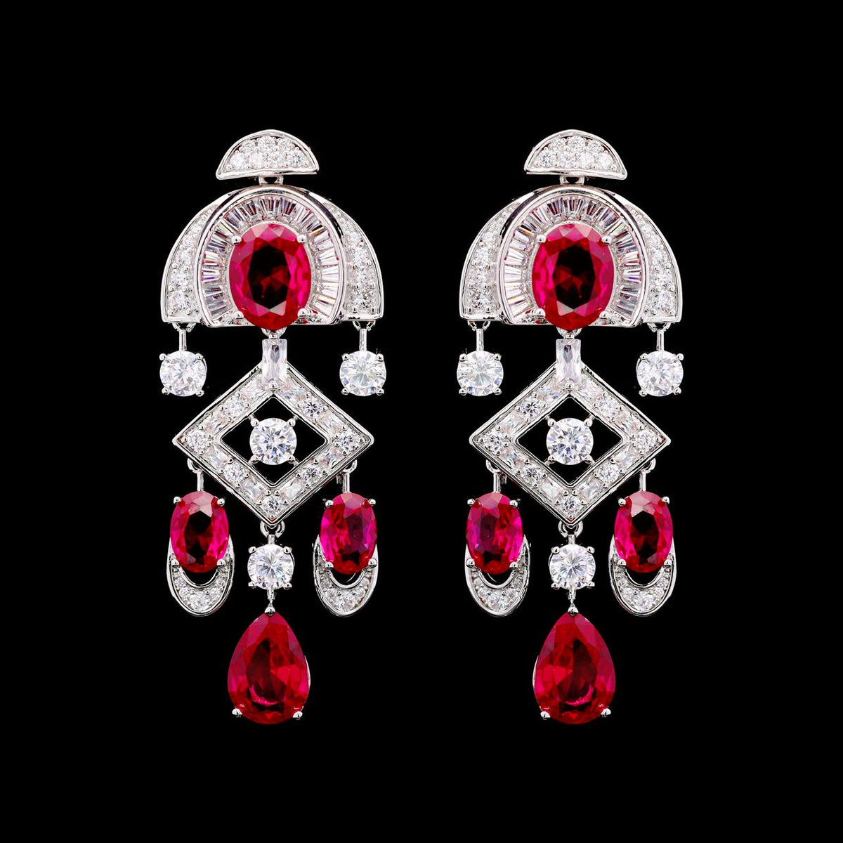 Shahina Ruby Red Luxury Bridal Earring with High-Quality Zircon Stones, Rhodium-Plated