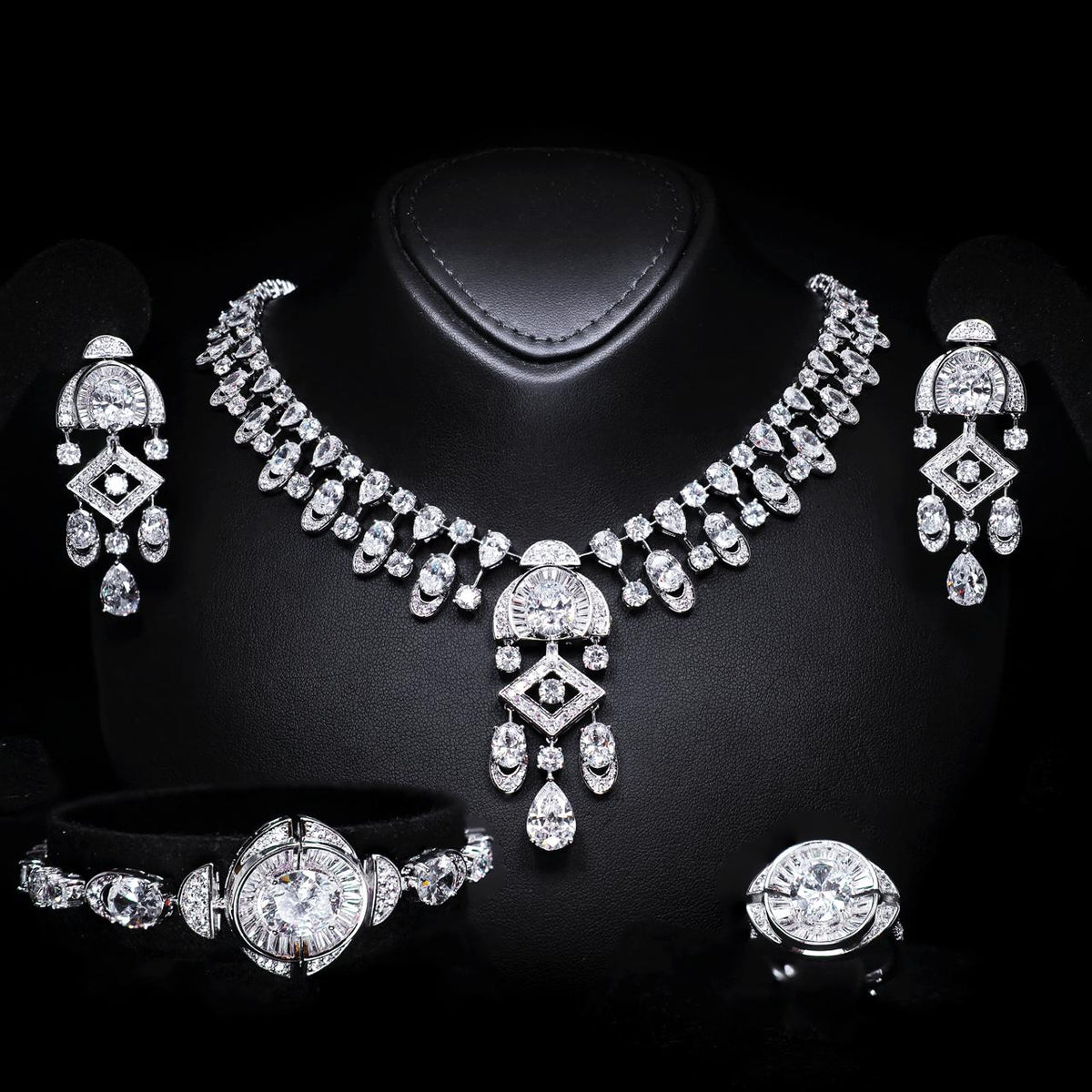 Shahina White Luxury Bridal Full Set with High-Quality Zircon Stones, Rhodium-Plated