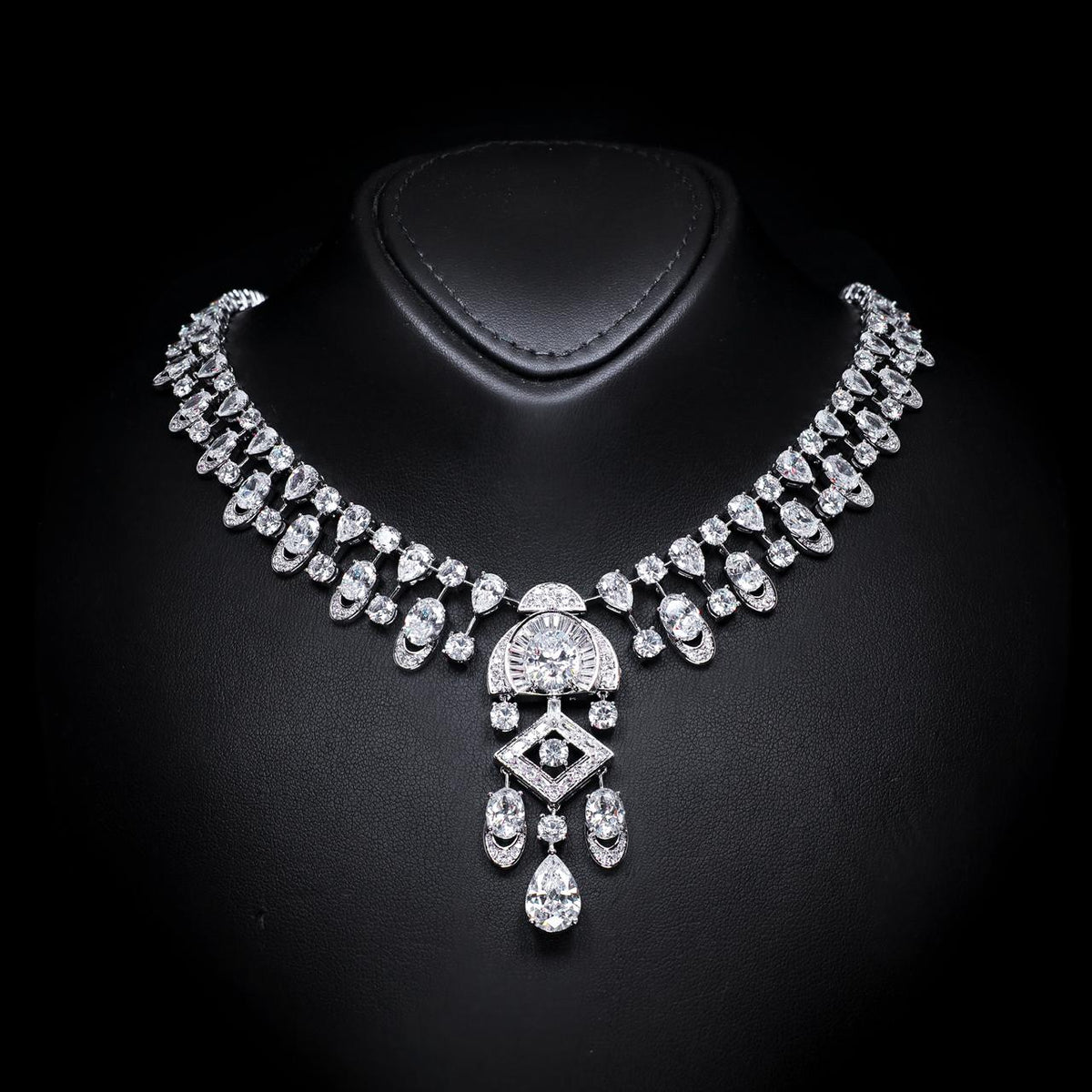 Shahina White Luxury Bridal Necklace with High-Quality Zircon Stones, Rhodium-Plated