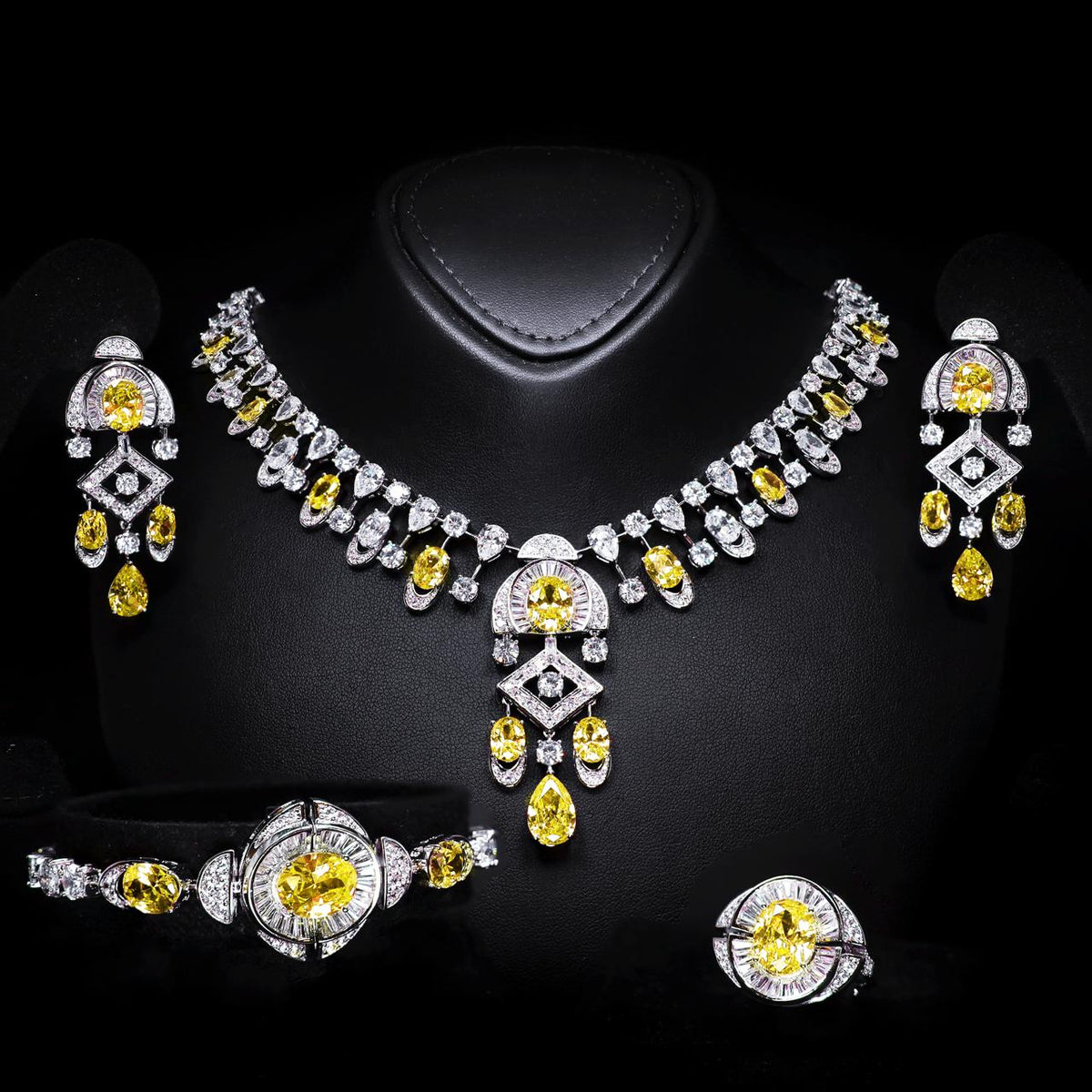 Shahina Yellow Luxury Bridal Full Set with High-Quality Zircon Stones, Rhodium-Plated