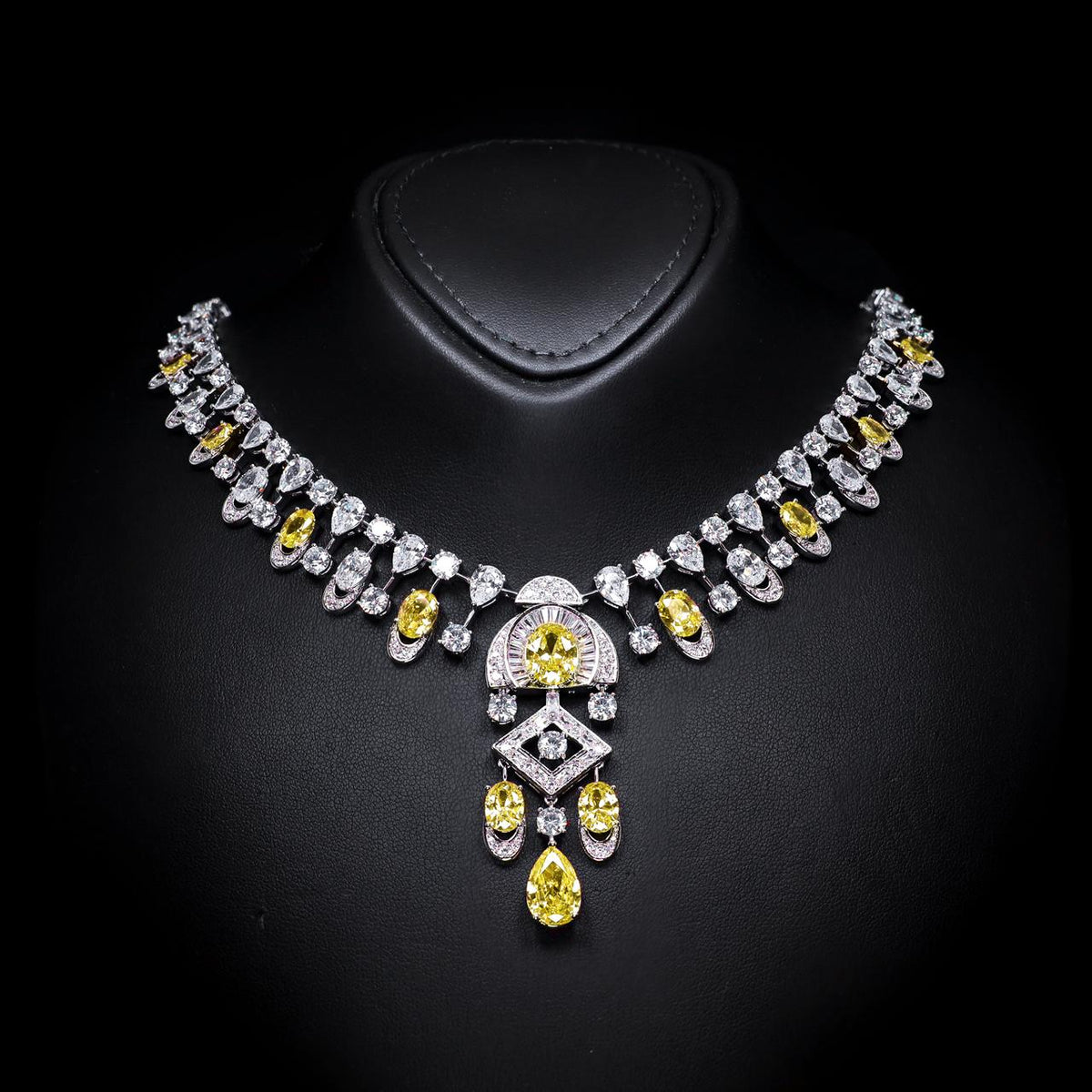 Shahina Yellow Luxury Bridal Necklace with High-Quality Zircon Stones, Rhodium-Plated