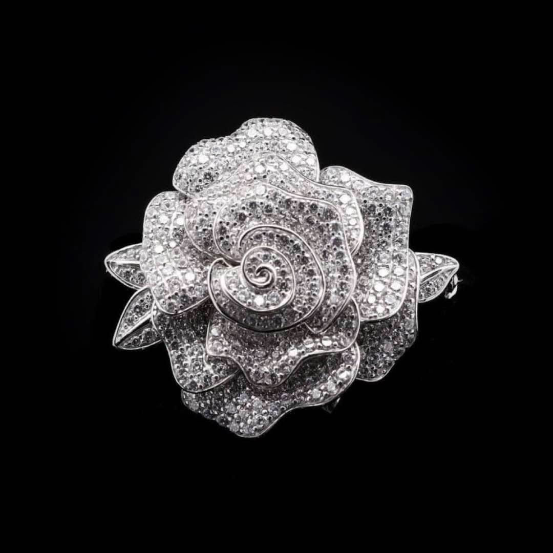 Omnia Silver Rose Brooch in 92.5 Silver with High Quality Simulated Diamonds