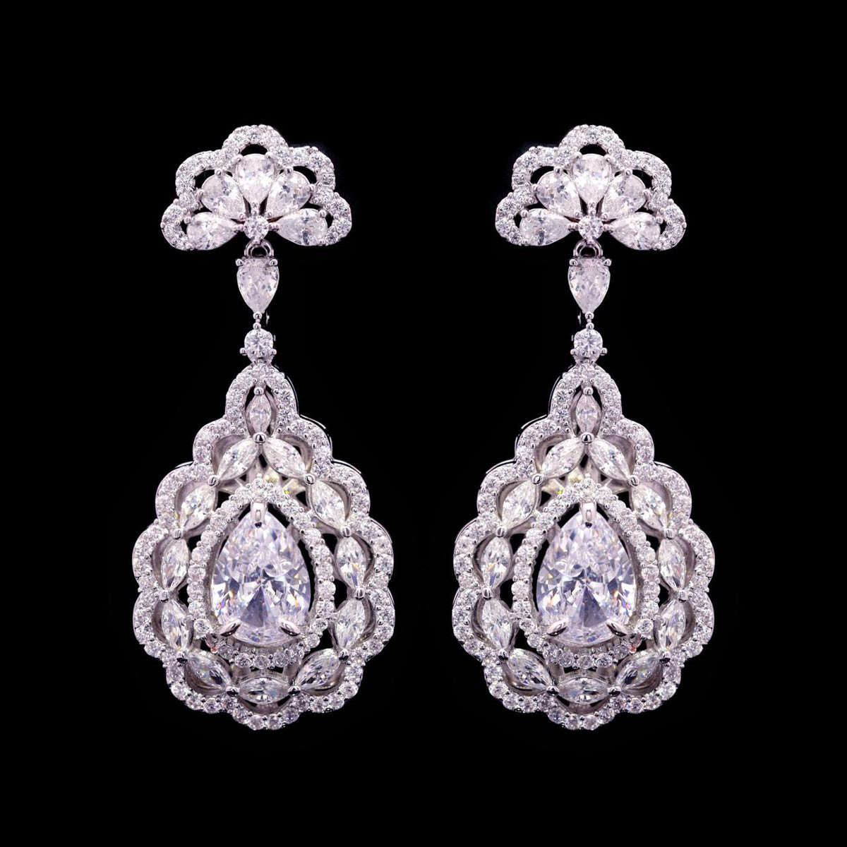 Sylvia Luxury Bridal Earring with High-Quality Zircon Stones Rhodium-Plated Finish