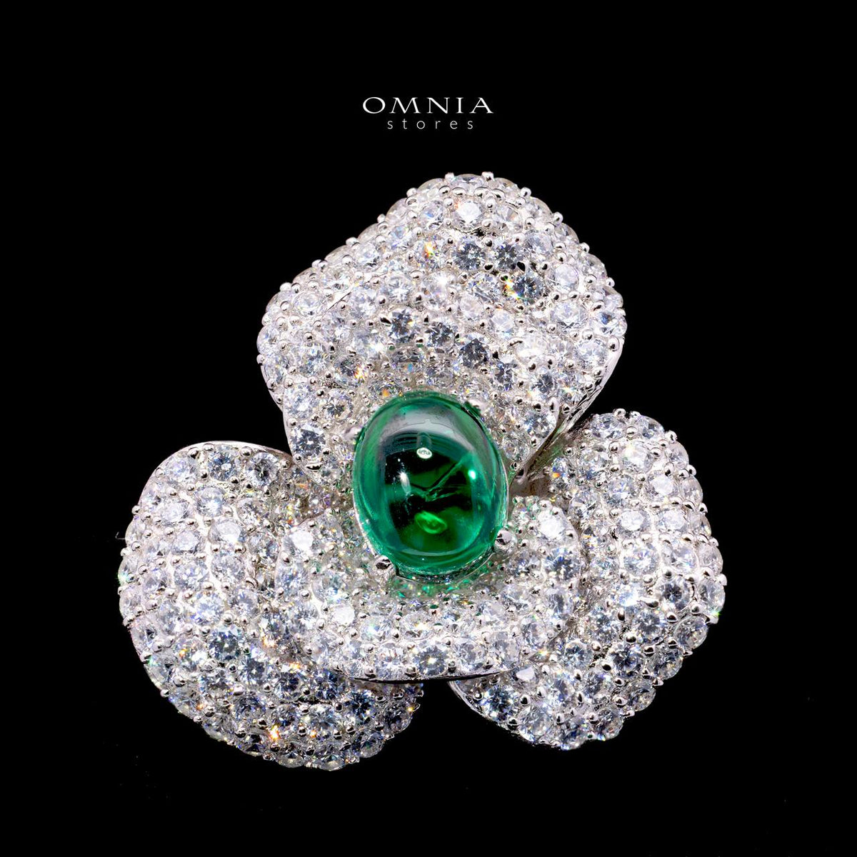 Anica Three-Petal Flower Brooch with High-Quality Simulated Diamonds in 925 Sterling Silver
