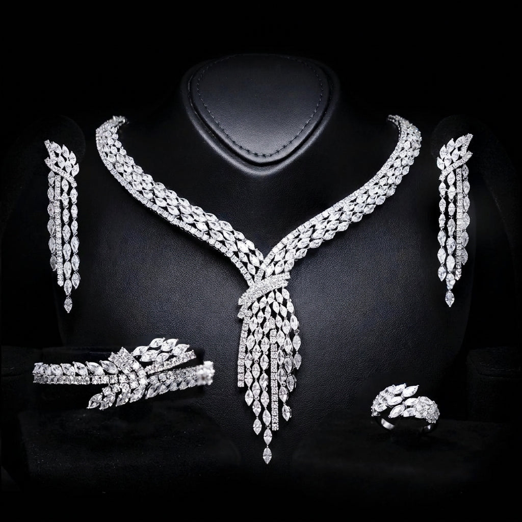 Omnia Fatma White Luxury Bridal Full Set in High Quality Zircon Stone in Premium Rhodium Plating - OMNIASTORES UAE