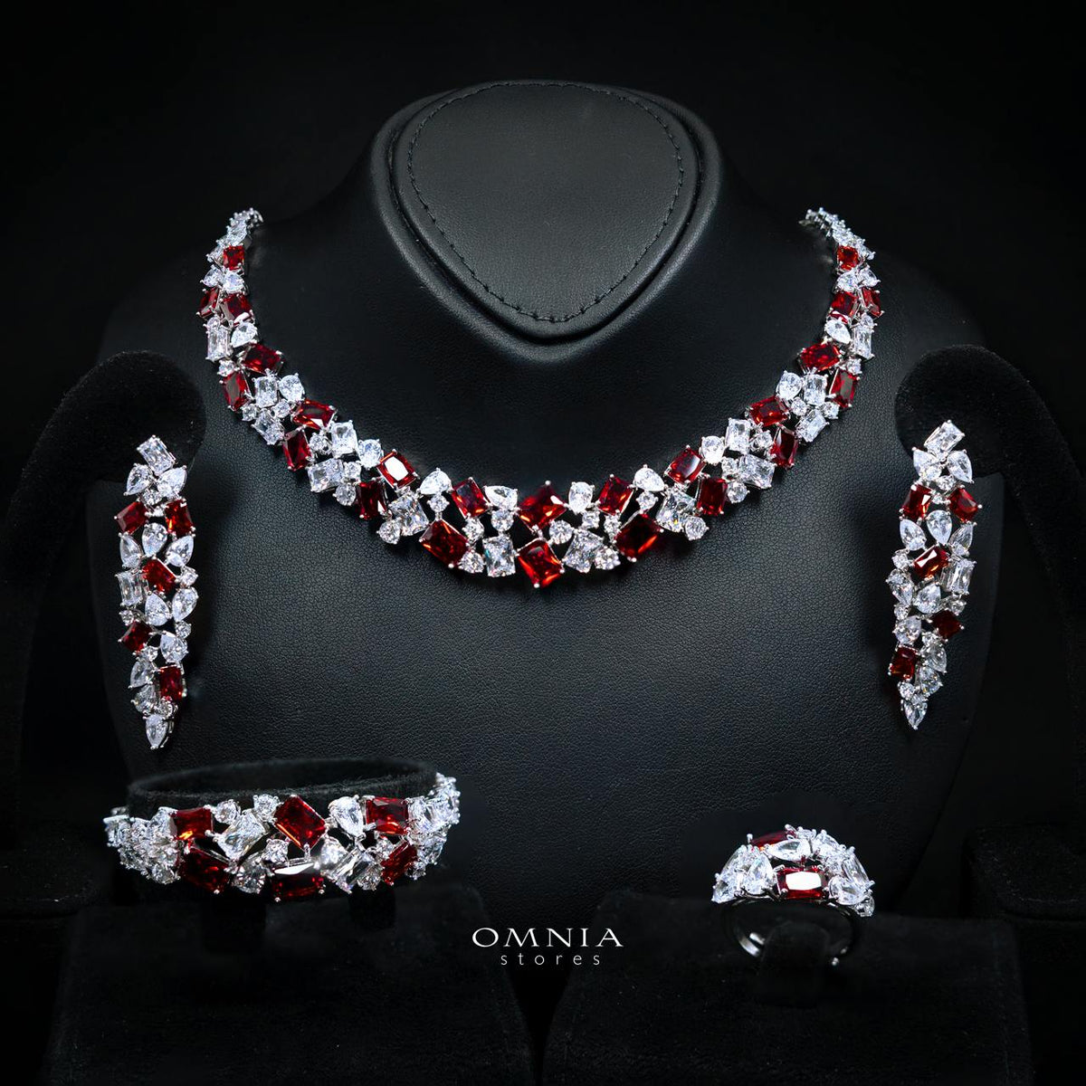 Omnia Anastasia Red Luxury Bridal Full Set in High Quality Zircon Stone in Rhodium Plated