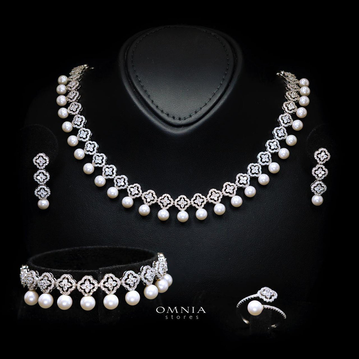 Omnia Sahira Pearl Bridal Full Set in 925 Silver with High-Quality White Zircon Stones - OMNIASTORES UAE