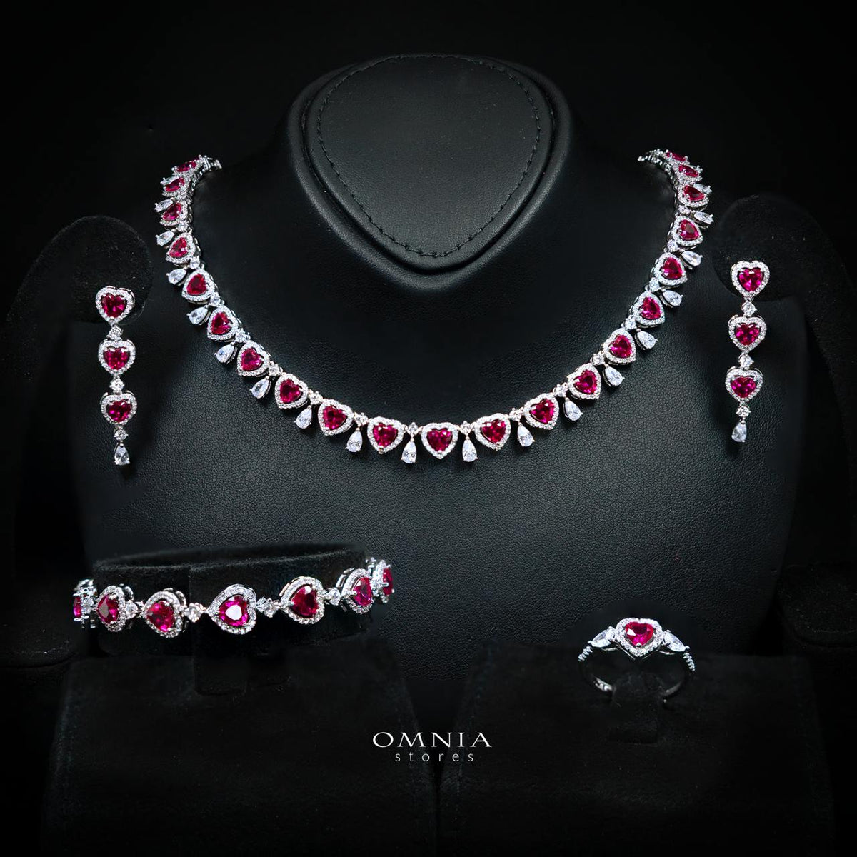 Talina Ruby Red Luxury Bridal Full Jewelry Set with High-Quality Premium Simulated Diamonds-Rhodium-Plated