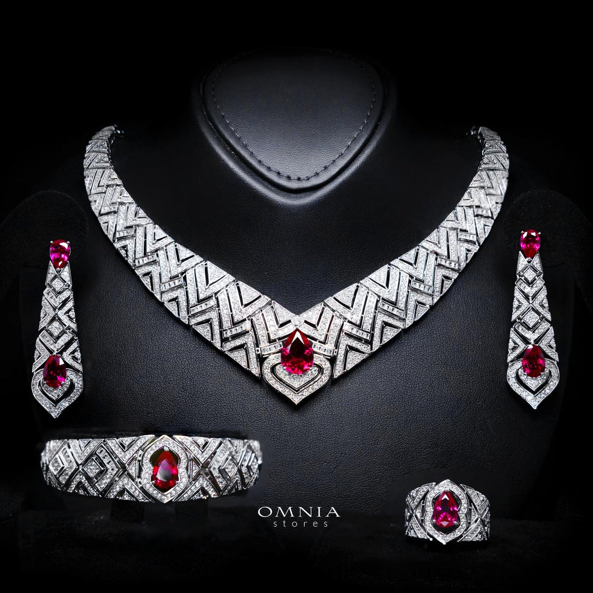 Daryan Red Luxury Bridal Full Set with High-Quality Simulated Diamonds – Rhodium Plated
