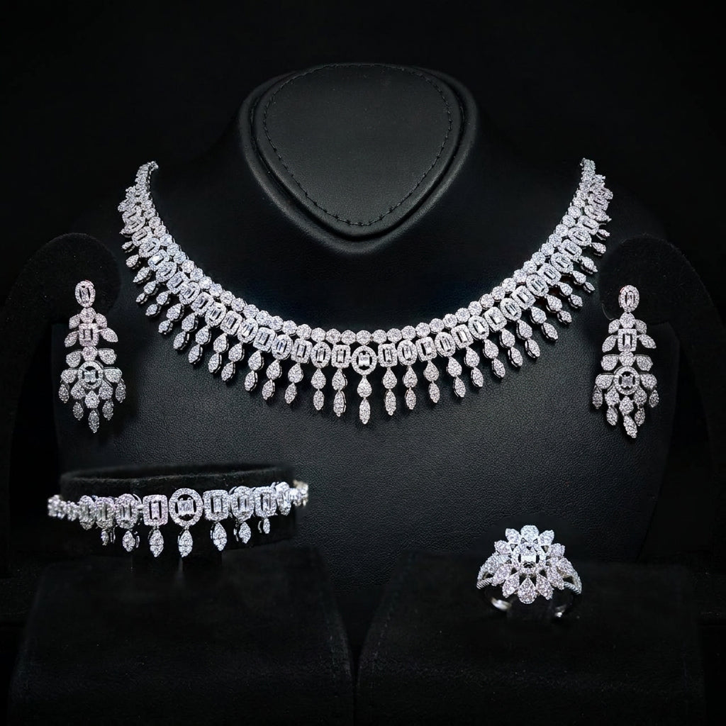 Omnia Ruhana White Luxury Bridal Full Set with High Quality Zircon Stone Premium Rhodium Plated