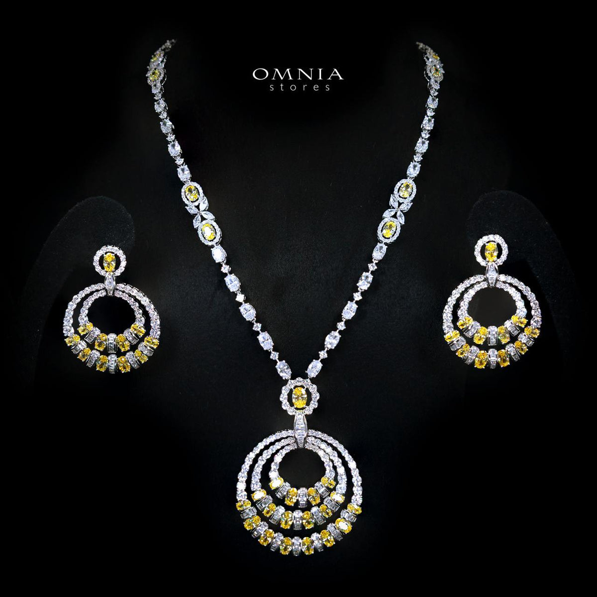 Selestine Yellow Long Chain Necklace and Earring Set with High-Quality Simulated Diamonds and Rhodium Plating
