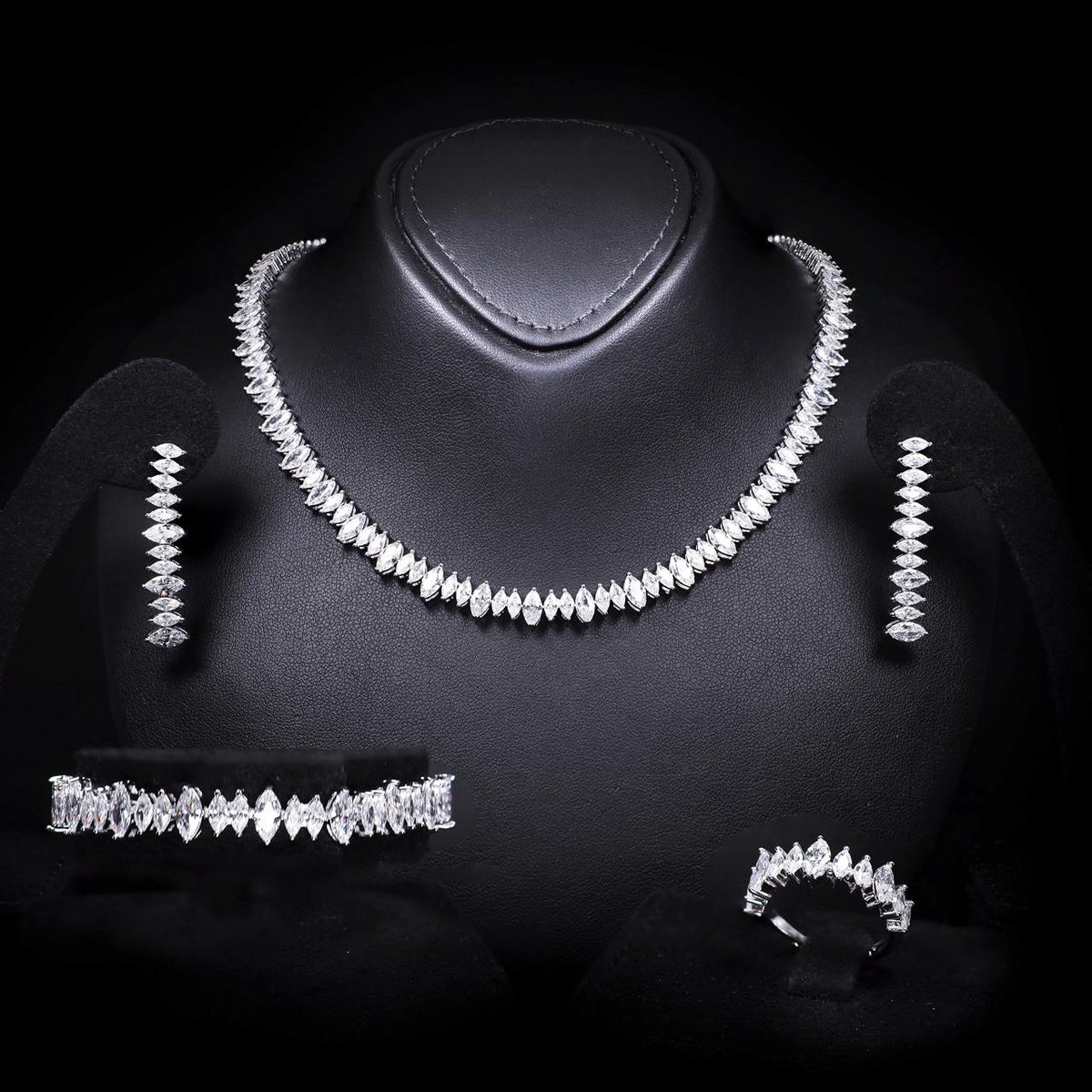 Halma White Luxury Bridal Full Set with High-Quality Zircon Stones Rhodium Plated