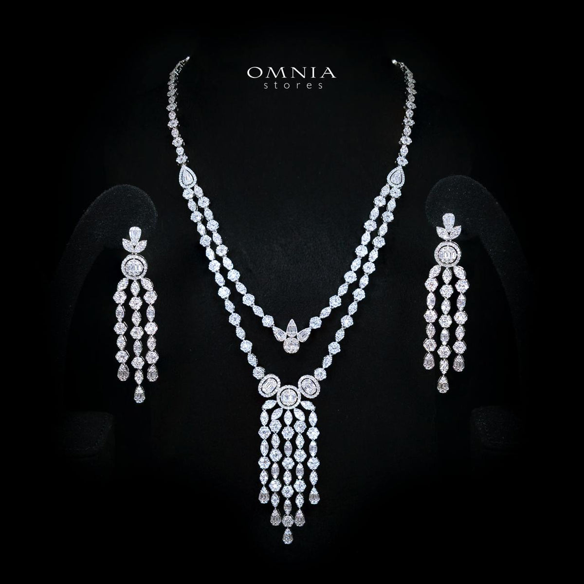 Avena White Long Chain Necklace and Earring Set with High-Quality Simulated Diamonds and Rhodium Plating