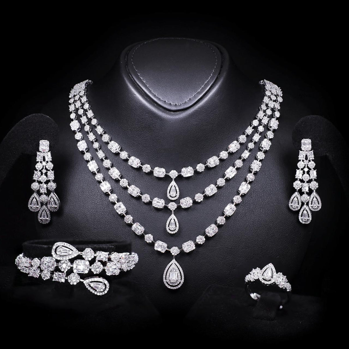 Rochelle White Luxury Bridal Full Set with High-Quality Zircon Stones Rhodium Plated