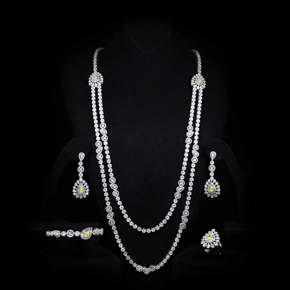 Omnia Ahad Bridal Yellow Long Chain Set In Rhodium Plated With High Quality Zircon Stones